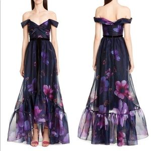 Marchesa Notte Floral Print Organza Gown